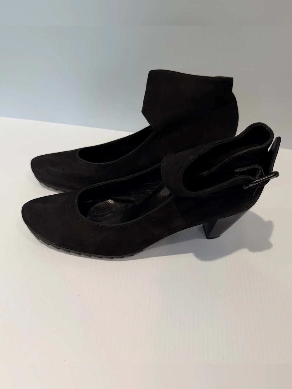 Paul Green Women's Black Suede Heels Round Toe Heels with Buckle Strap
